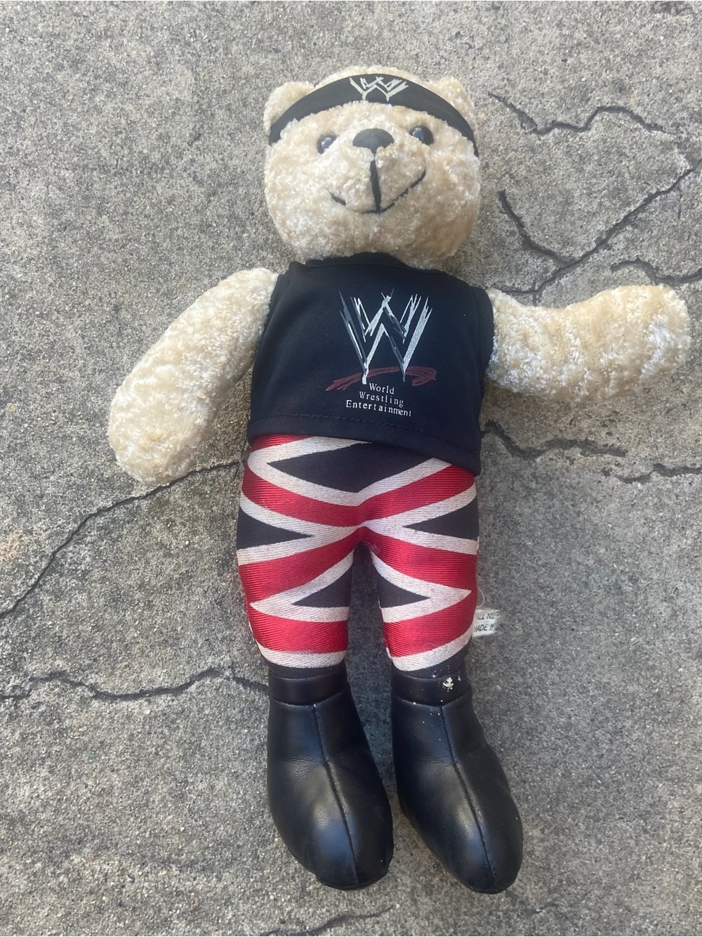 WWE Beige Bear Plush in Black Logo Vest with Red & White Accents